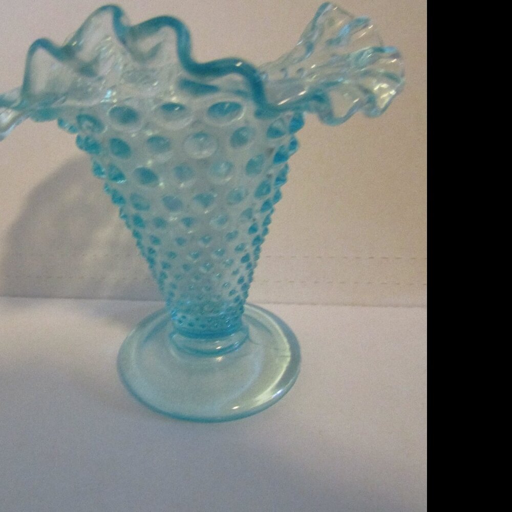 Vint Fenton 5.5” Hobnail Pattern Crimped Ruffled Top Vase Clear Pale Turquoise